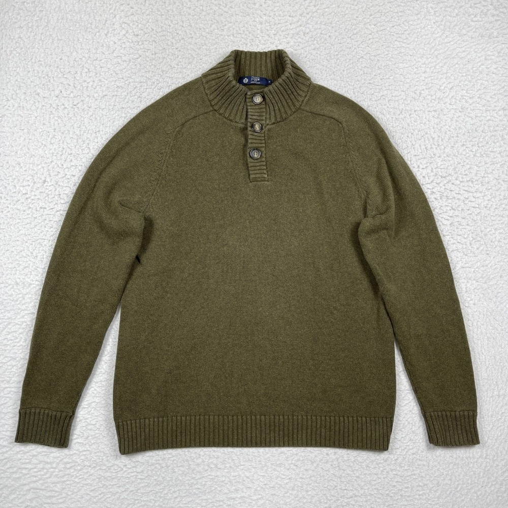 J Crew Sweater Mens XL Olive Green Mock Neck Button Cotton Gorpcore Preppy